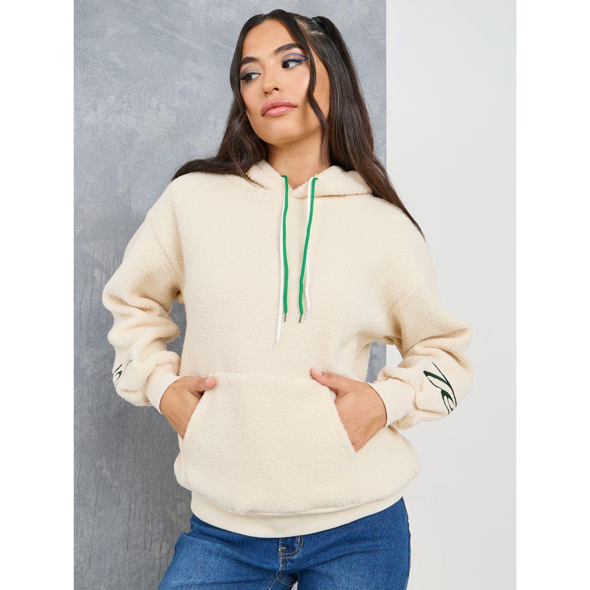 Styli Embroidered Slogan Sherpa Hoodie with Front Pocket-women-clothing-hoodiesandsweatshirts-hoodies-image-1