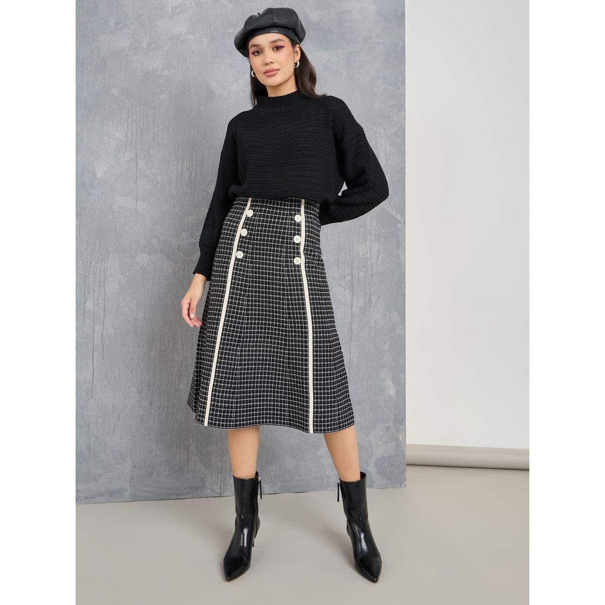 Styli Checked Pattern Tweed Look Midi Skirt-women-clothing-bottoms-skirts-image-1
