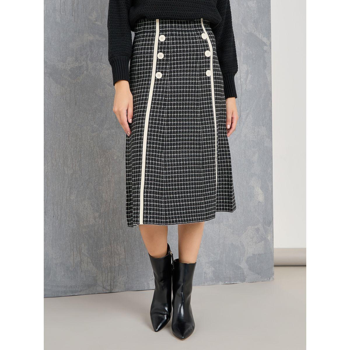 Styli Checked Pattern Tweed Look Midi Skirt-women-clothing-bottoms-skirts-image-2