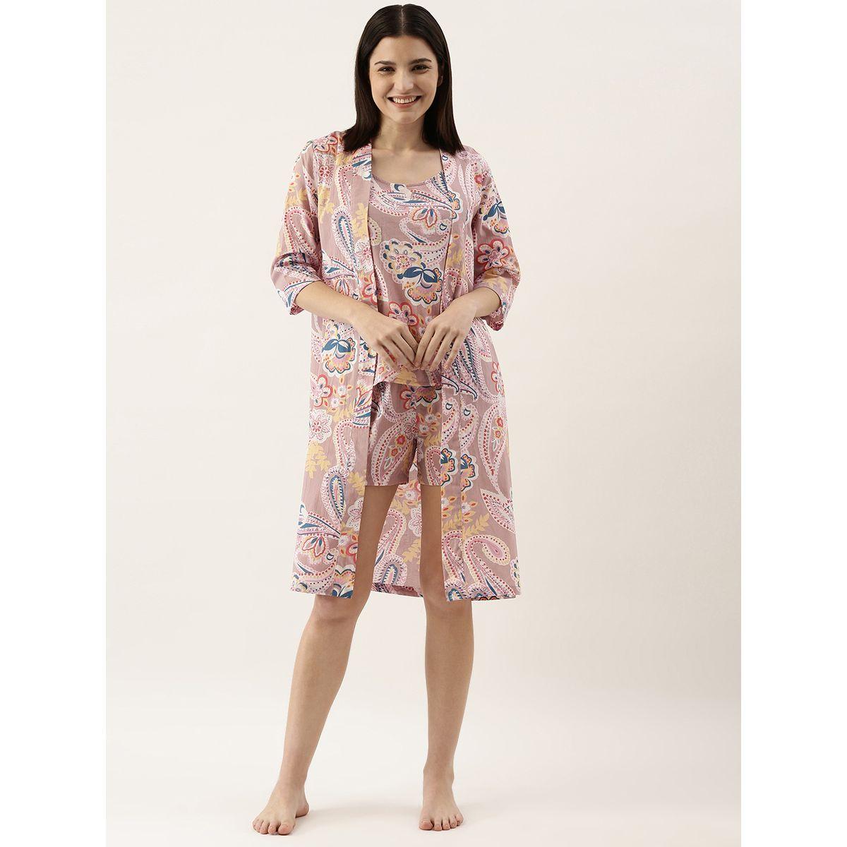 Sanskrutihomes X Styli Pack of 3 - Paisley Print Cotton Cami, Robe & Shorts-women-clothing-nightwear-pyjamas-shortsets-image-1