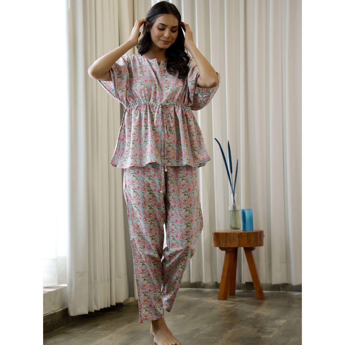 Sanskrutihomes X Styli Floral Drawstring Waist Cotton Kaftan & Pyjama Set-women-clothing-nightwear-pyjamas-longsets-image-3