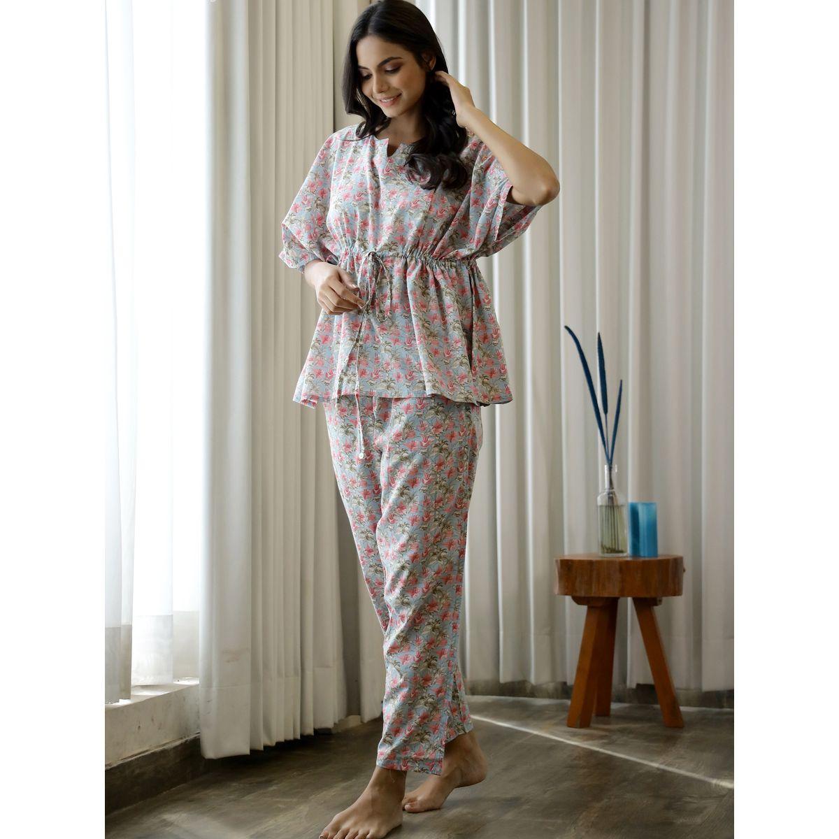 Sanskrutihomes X Styli Floral Drawstring Waist Cotton Kaftan & Pyjama Set-women-clothing-nightwear-pyjamas-longsets-image-4
