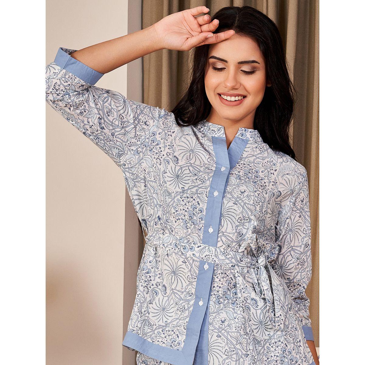 Sanskrutihomes X Styli Mandarin Collar Cotton Belted Shirt & Pyjama Set-women-clothing-nightwear-pyjamas-longsets-image-1