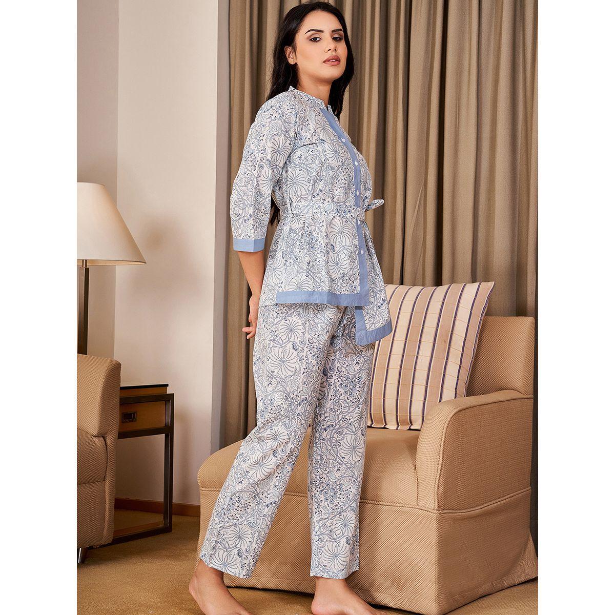 Sanskrutihomes X Styli Mandarin Collar Cotton Belted Shirt & Pyjama Set-women-clothing-nightwear-pyjamas-longsets-image-4