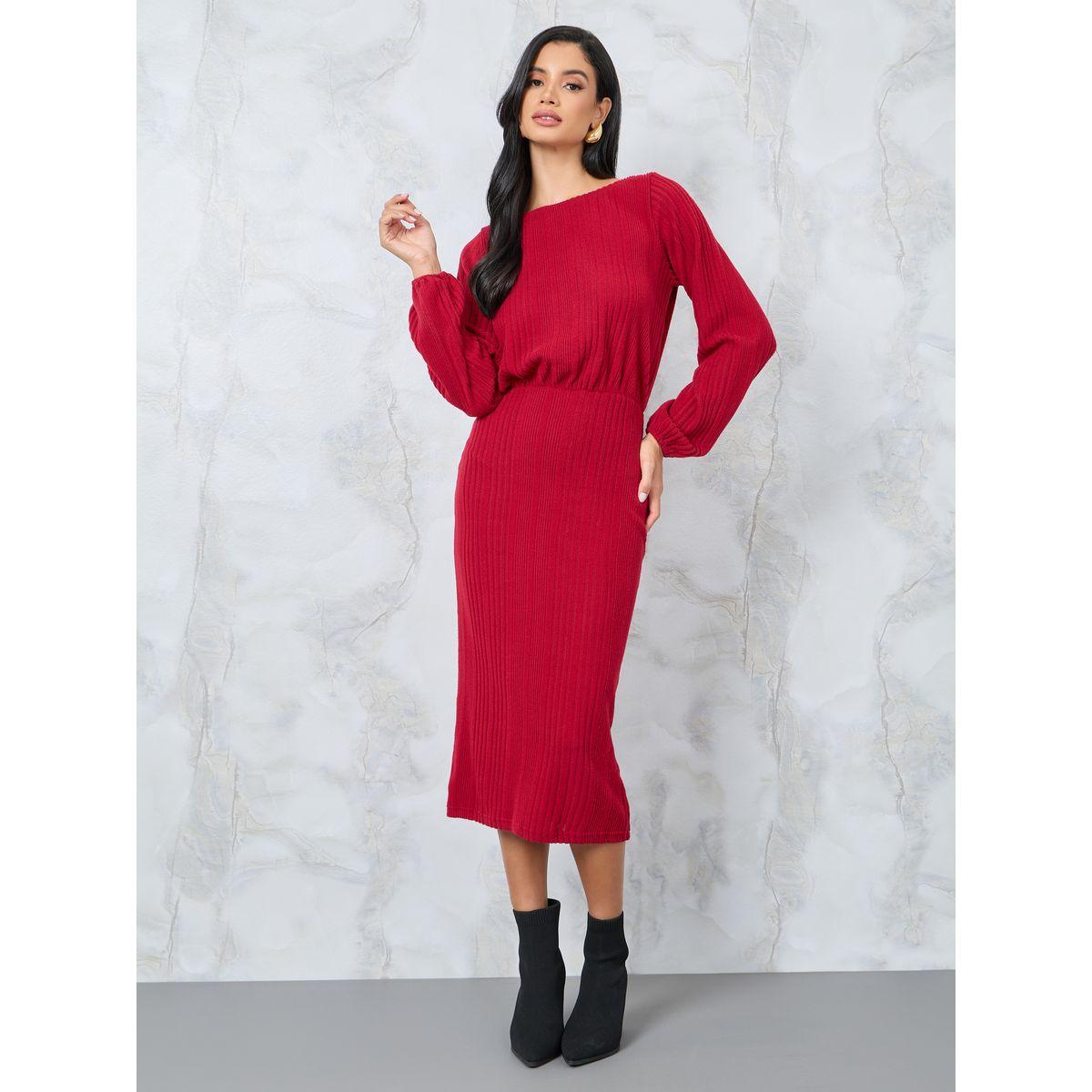 Styli Textured Knit Blouson Sheath Midi Dress-women-clothing-dresses-image-1