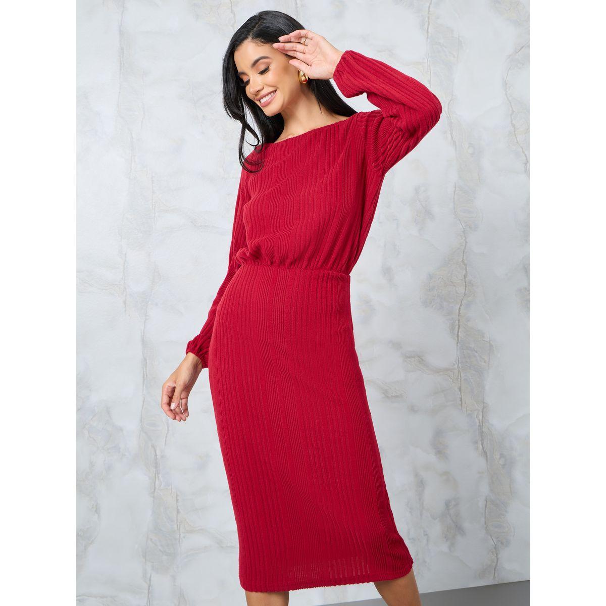 Styli Textured Knit Blouson Sheath Midi Dress-women-clothing-dresses-image-2