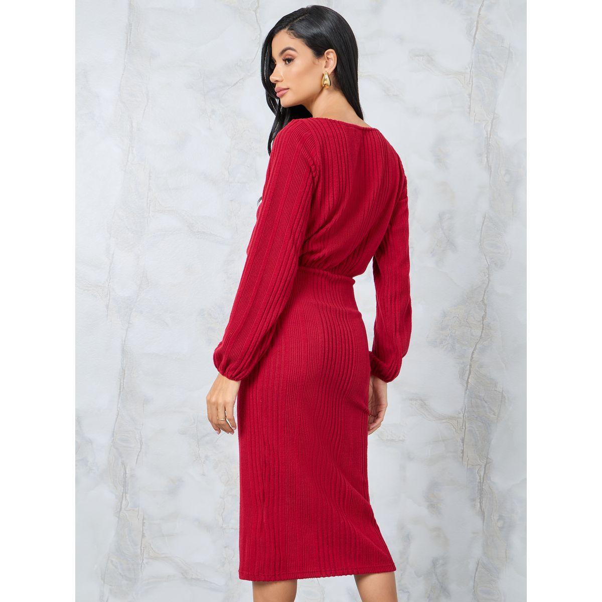 Styli Textured Knit Blouson Sheath Midi Dress-women-clothing-dresses-image-4