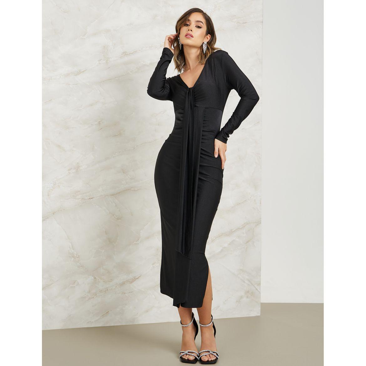 Styli Drape Detail Bodycon Midi Dress with Side Slit-women-clothing-dresses-image-1