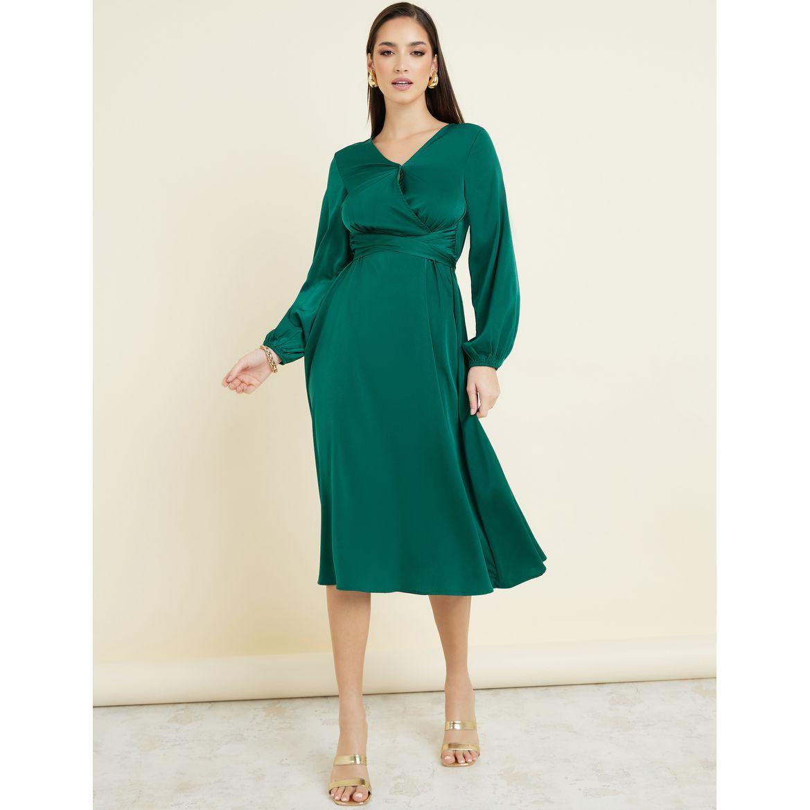 Styli Satin A-Line Midi Dress with Tie Waist Detail-women-clothing-dresses-image-2