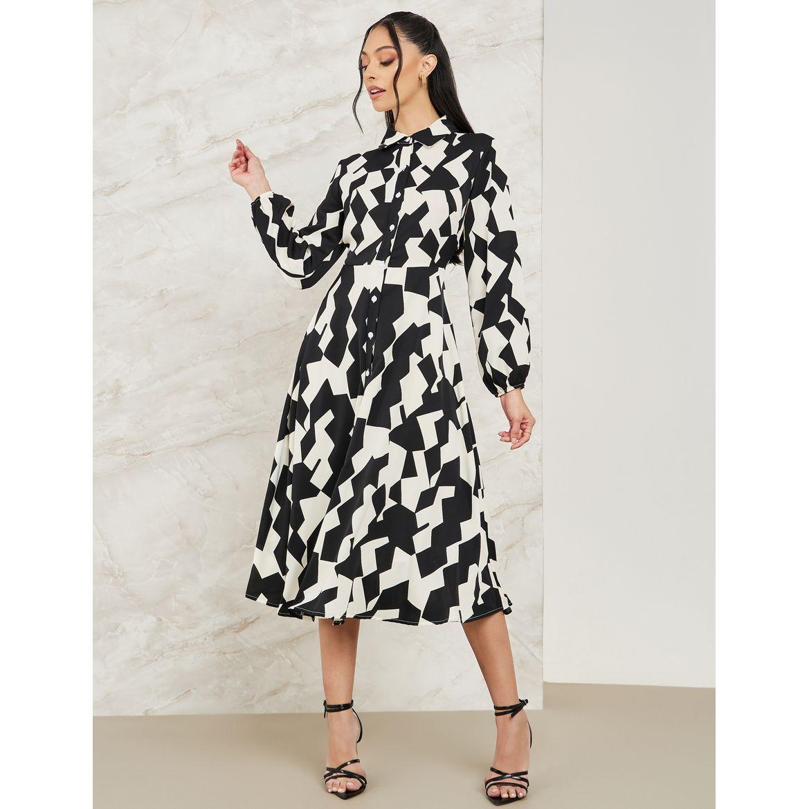 Styli Abstract Print Button Front Midi Dress-women-clothing-dresses-image-1
