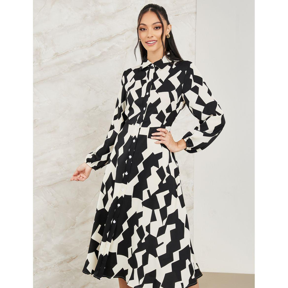 Styli Abstract Print Button Front Midi Dress-women-clothing-dresses-image-2