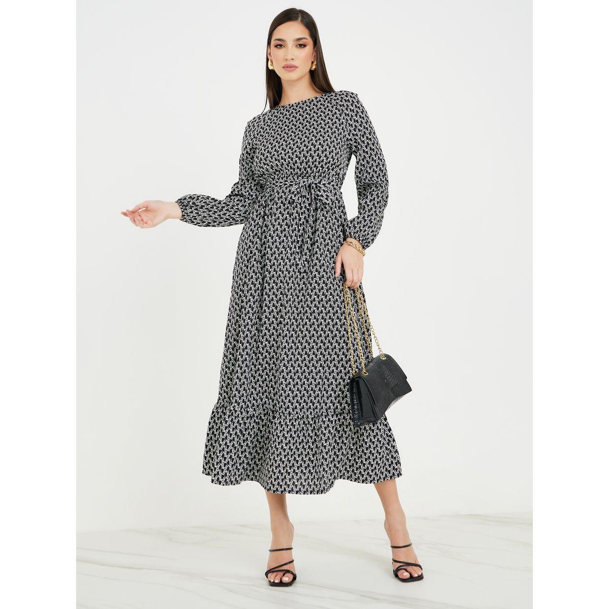 Styli All Over Print A-Line Maxi Dress with Tie Belt-women-clothing-dresses-image-1