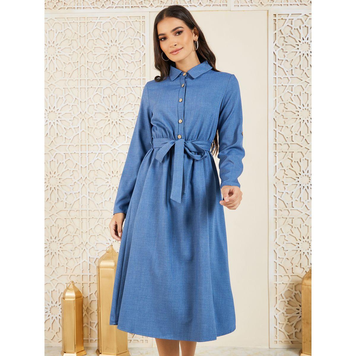 Styli Front Button Collared Roll-Up Sleeve Midi Dress with Self Tie-women-clothing-dresses-image-1