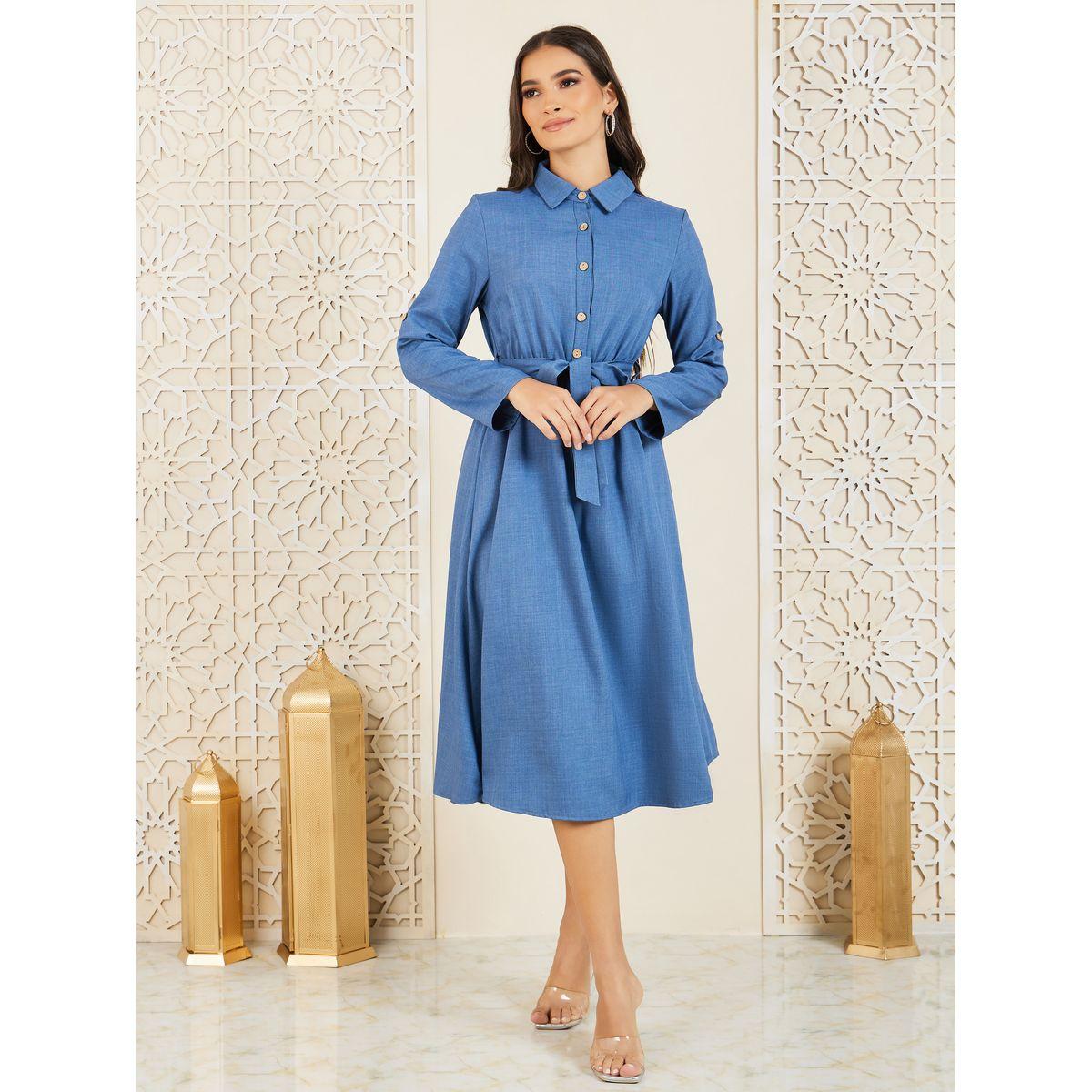 Styli Front Button Collared Roll-Up Sleeve Midi Dress with Self Tie-women-clothing-dresses-image-2
