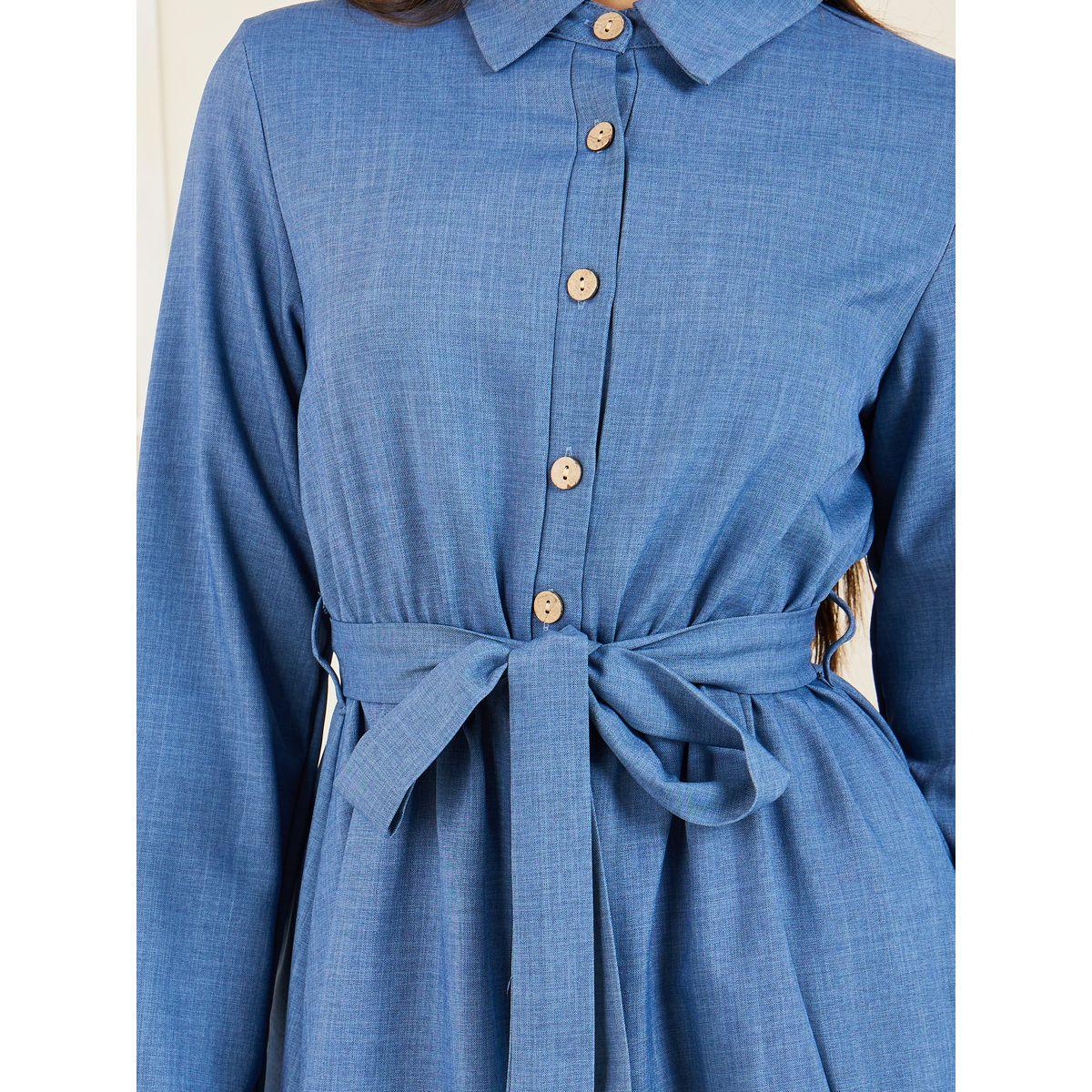 Styli Front Button Collared Roll-Up Sleeve Midi Dress with Self Tie-women-clothing-dresses-image-3