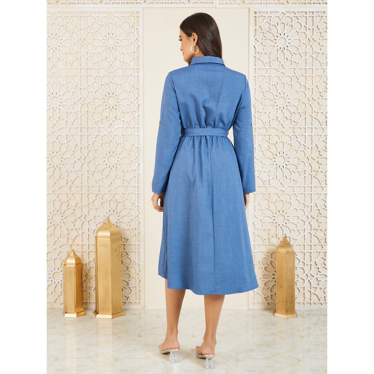 Styli Front Button Collared Roll-Up Sleeve Midi Dress with Self Tie-women-clothing-dresses-image-4
