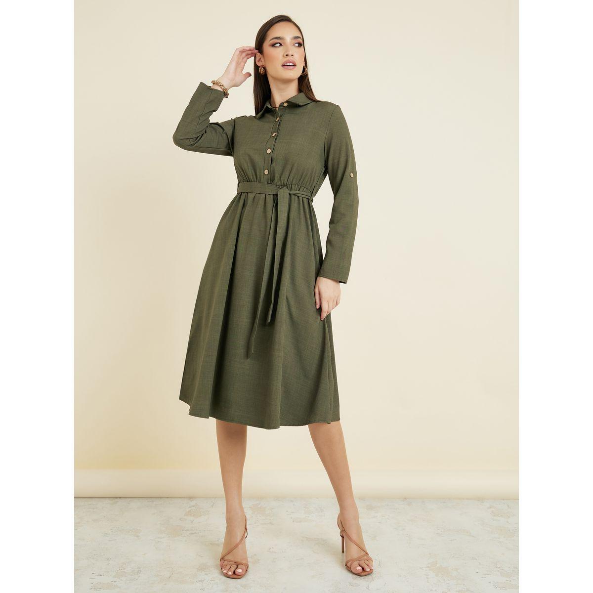 Styli Solid Roll-Up Sleeve Midi Dress with Tie Belt-women-clothing-dresses-image-1