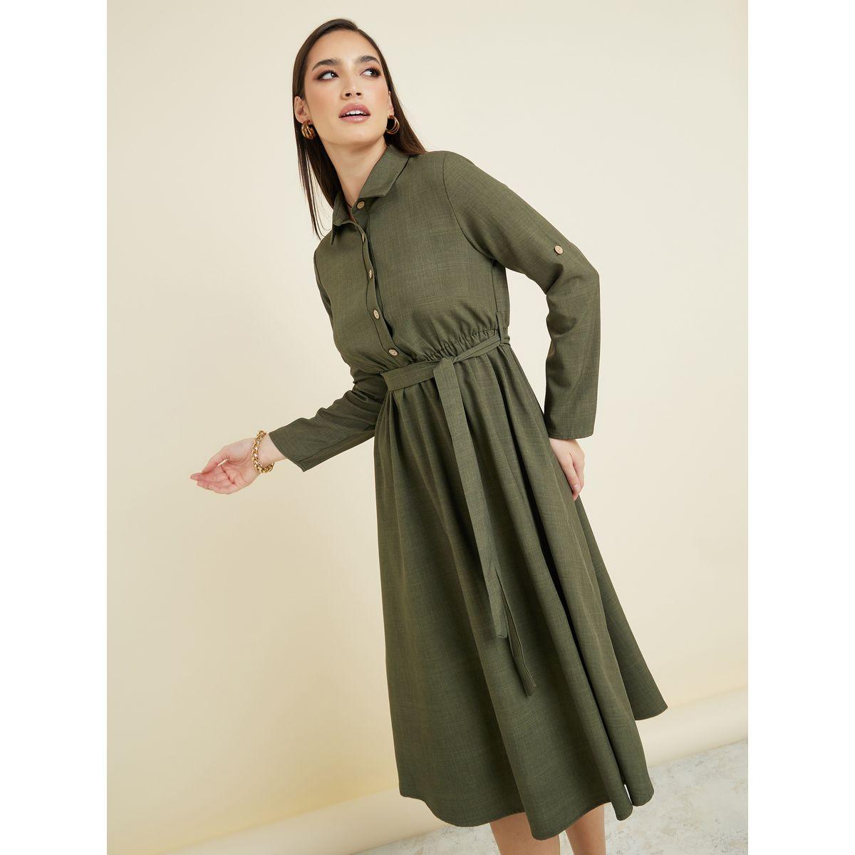 Styli Solid Roll-Up Sleeve Midi Dress with Tie Belt-women-clothing-dresses-image-2