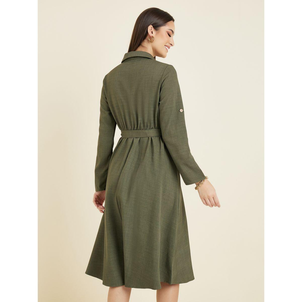 Styli Solid Roll-Up Sleeve Midi Dress with Tie Belt-women-clothing-dresses-image-4