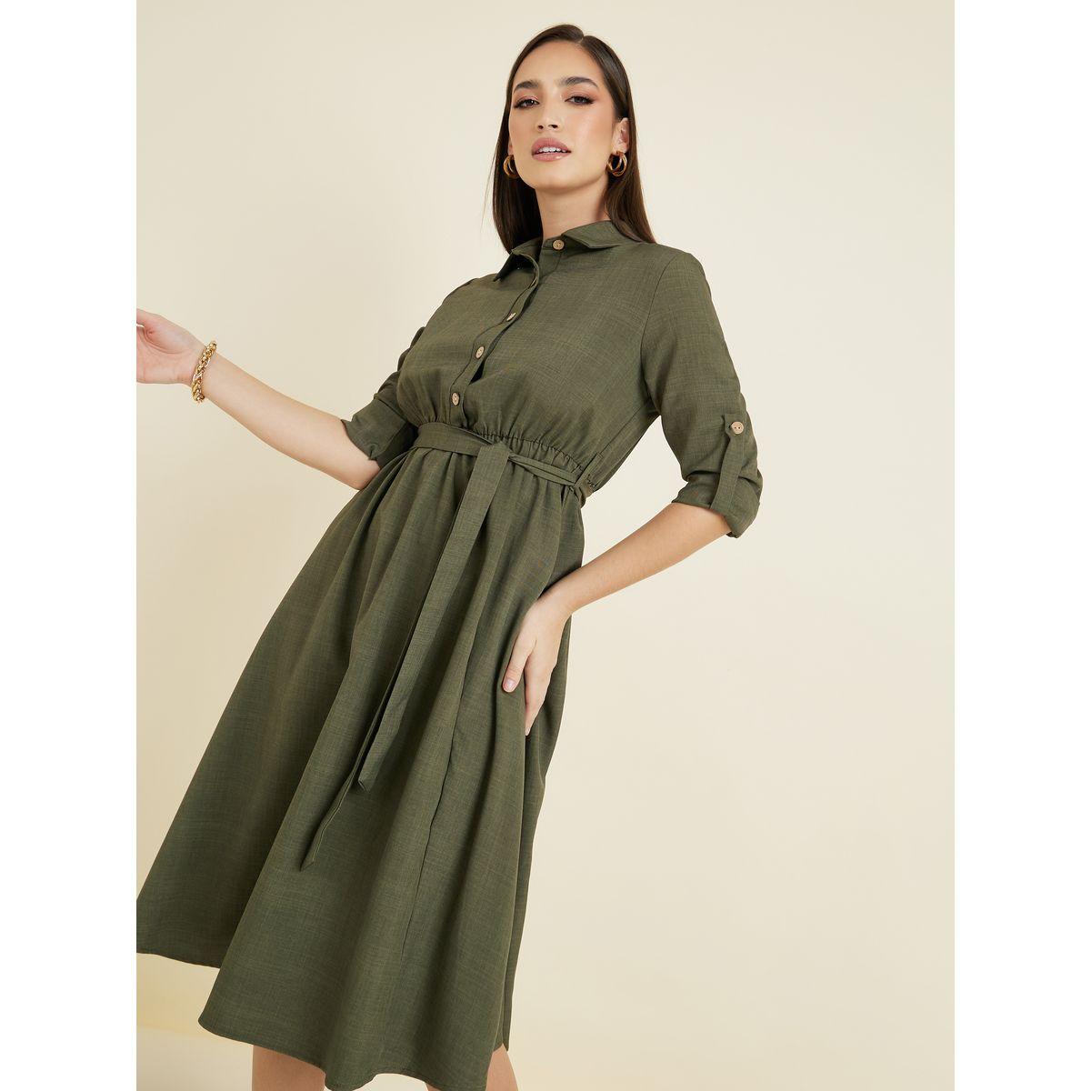 Styli Solid Roll-Up Sleeve Midi Dress with Tie Belt-women-clothing-dresses-image-5