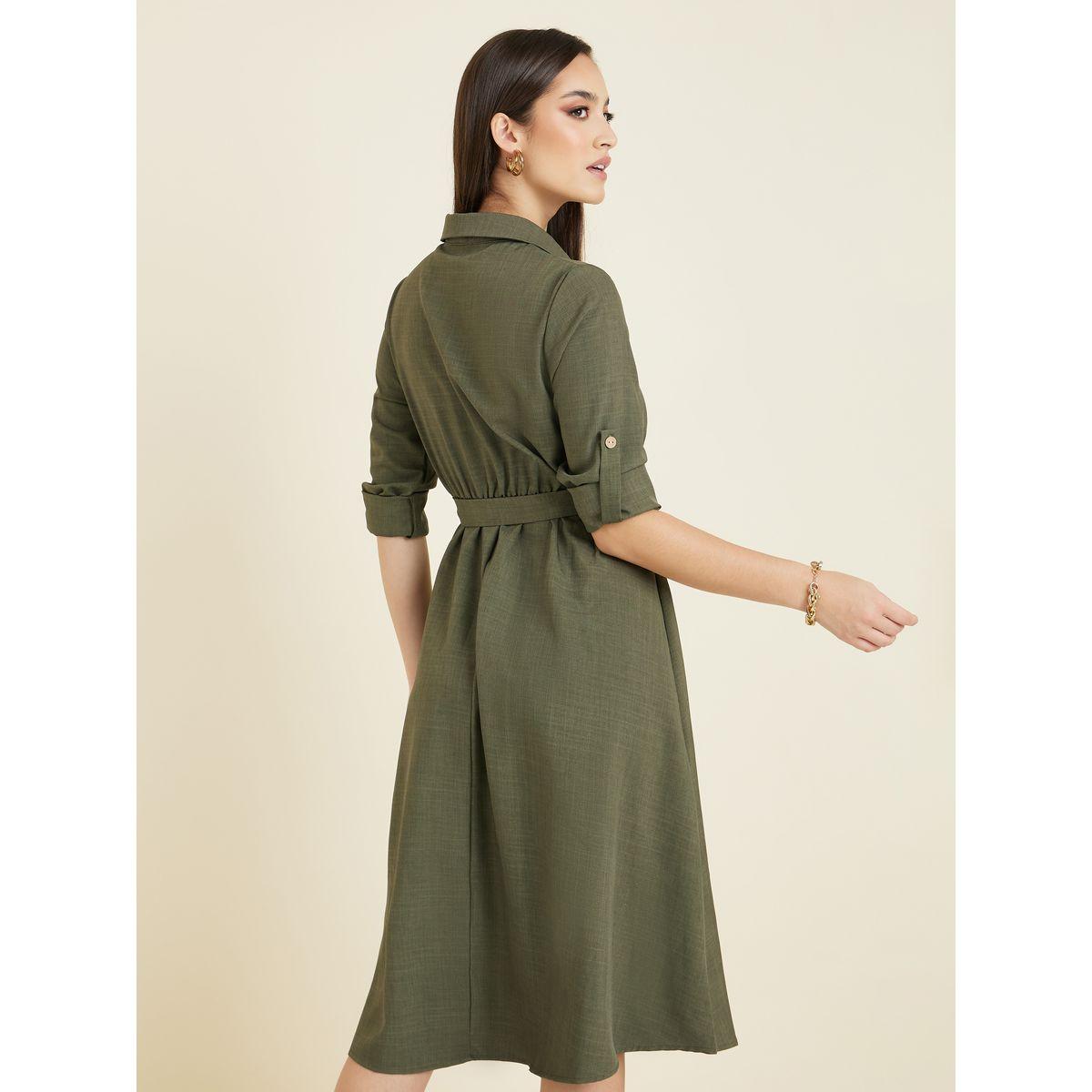 Styli Solid Roll-Up Sleeve Midi Dress with Tie Belt-women-clothing-dresses-image-7