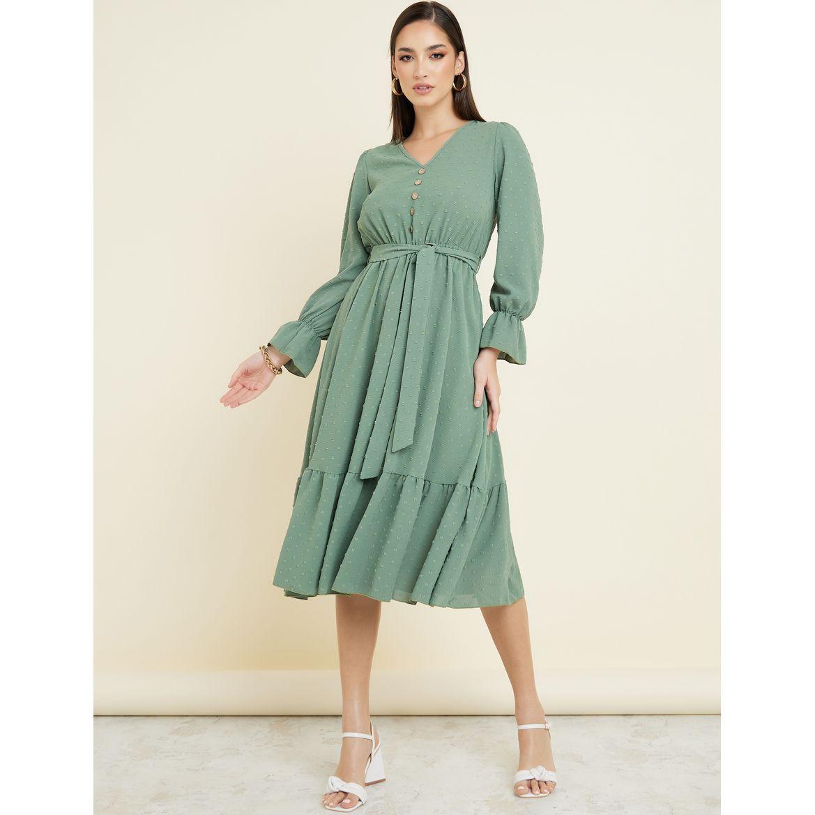Styli Frill Cuff Dobby A-Line Midi Dress with Tie Belt-women-clothing-dresses-image-1