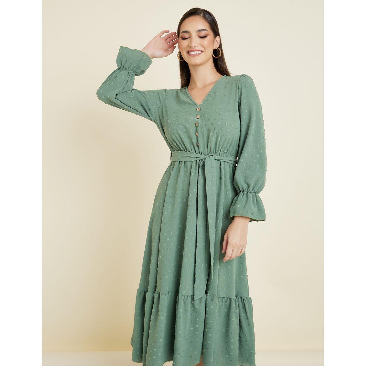 Styli Frill Cuff Dobby A-Line Midi Dress with Tie Belt-women-clothing-dresses-image-2