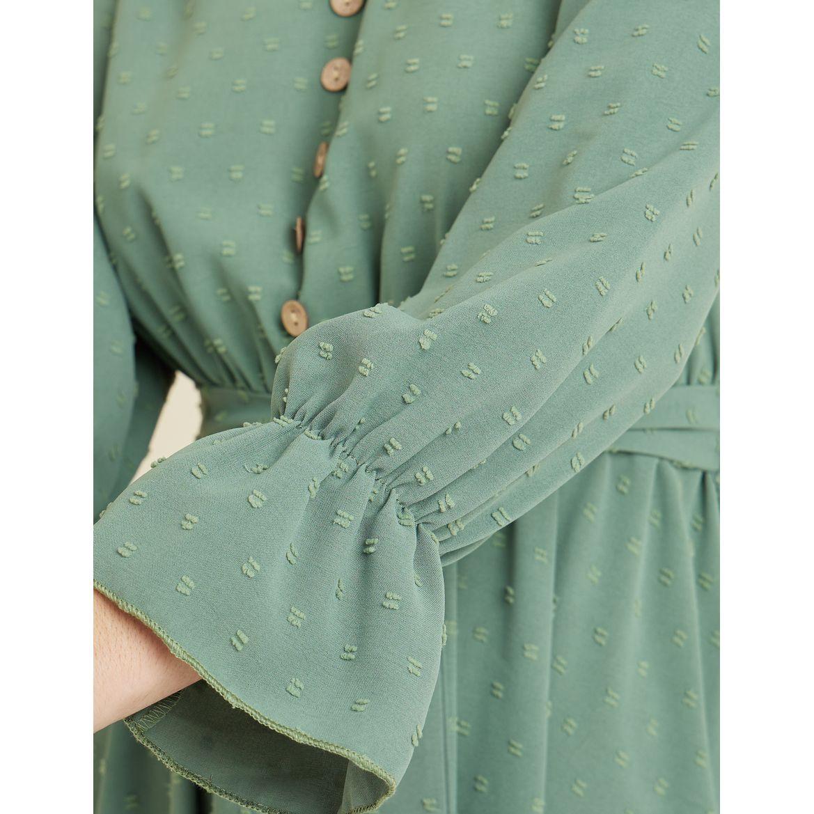 Styli Frill Cuff Dobby A-Line Midi Dress with Tie Belt-women-clothing-dresses-image-3