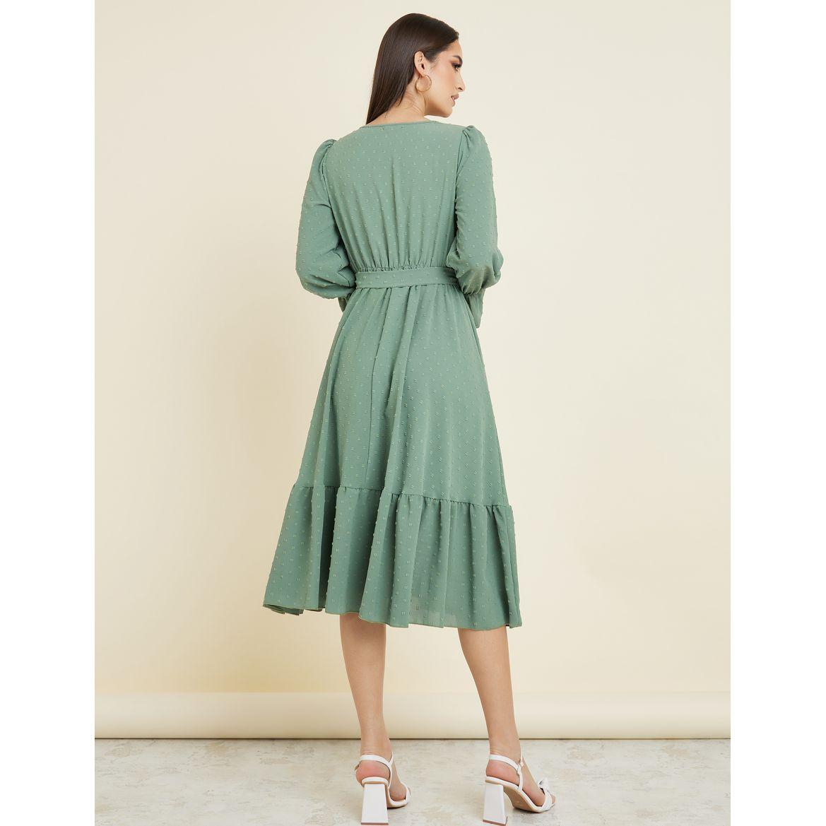 Styli Frill Cuff Dobby A-Line Midi Dress with Tie Belt-women-clothing-dresses-image-4