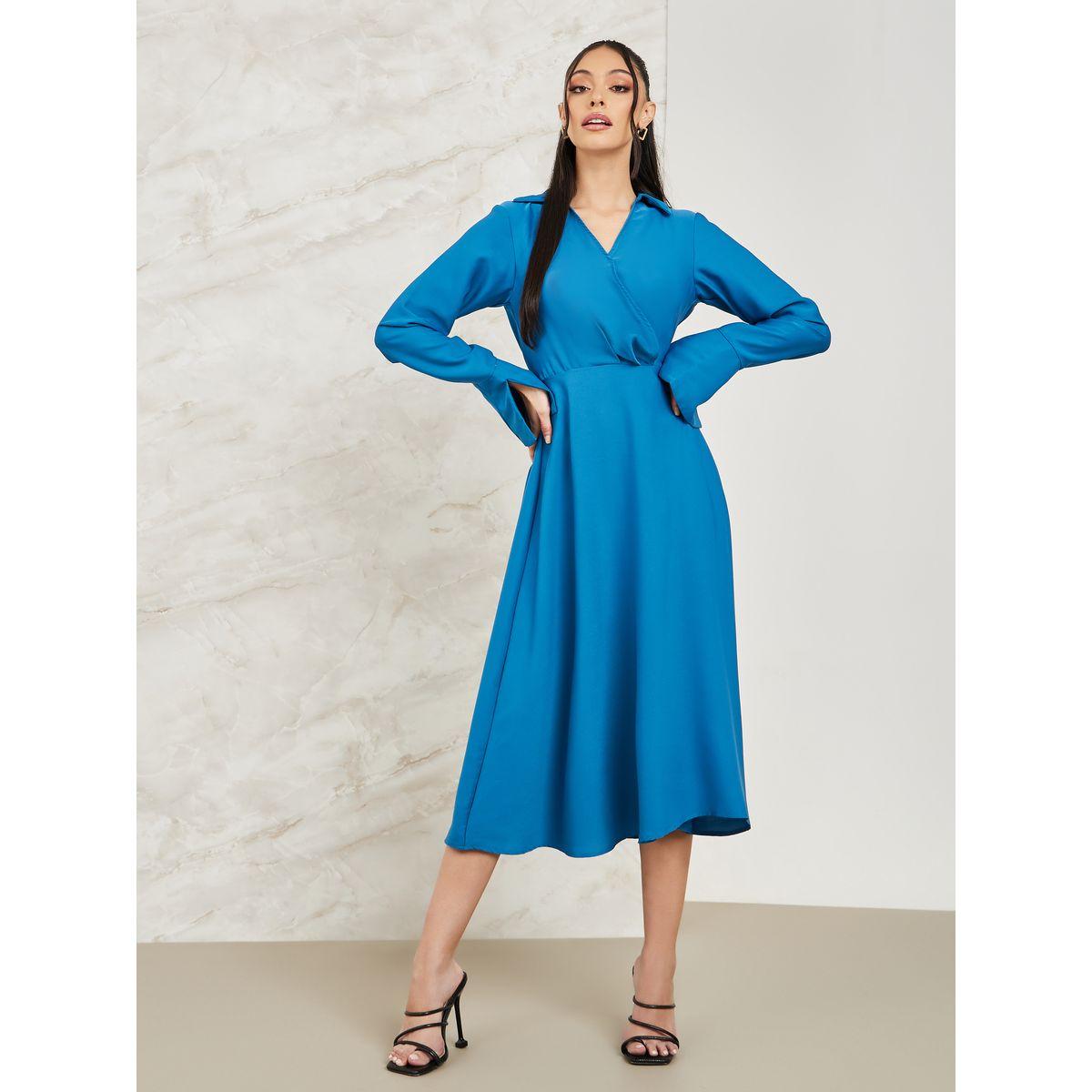 فستان ميدي سادة بنمط لف-women-clothing-dresses-image-1