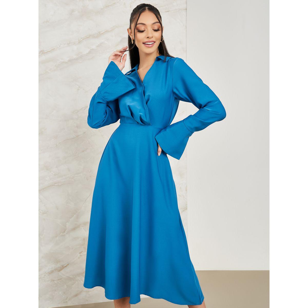 فستان ميدي سادة بنمط لف-women-clothing-dresses-image-2