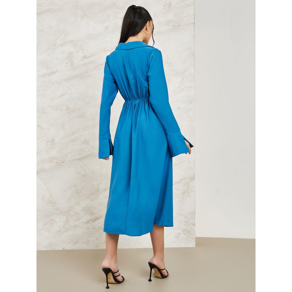 Styli Solid Wrap Front Bell Sleeve Midi Dress-women-clothing-dresses-image-4