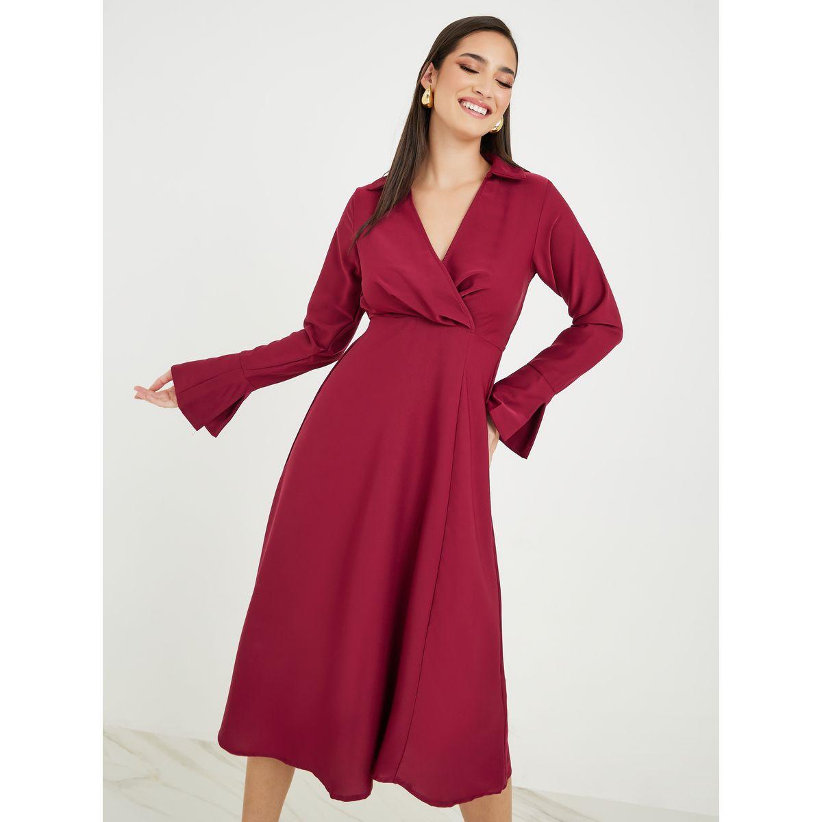 Styli Solid Wrap Front Bell Sleeve Midi Dress-women-clothing-dresses-image-1