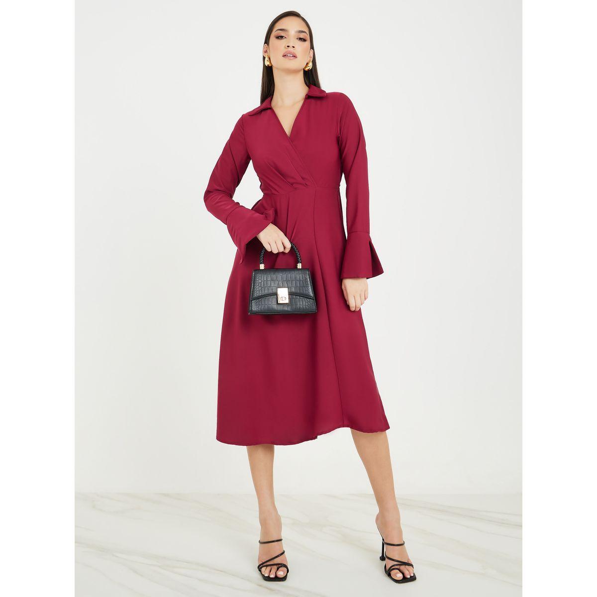 Styli Solid Wrap Front Bell Sleeve Midi Dress-women-clothing-dresses-image-2