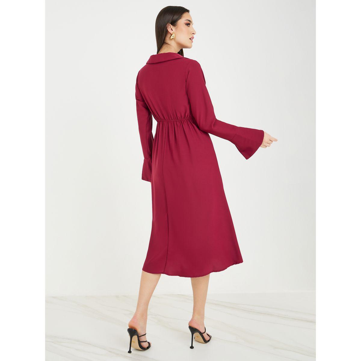 Styli Solid Wrap Front Bell Sleeve Midi Dress-women-clothing-dresses-image-4