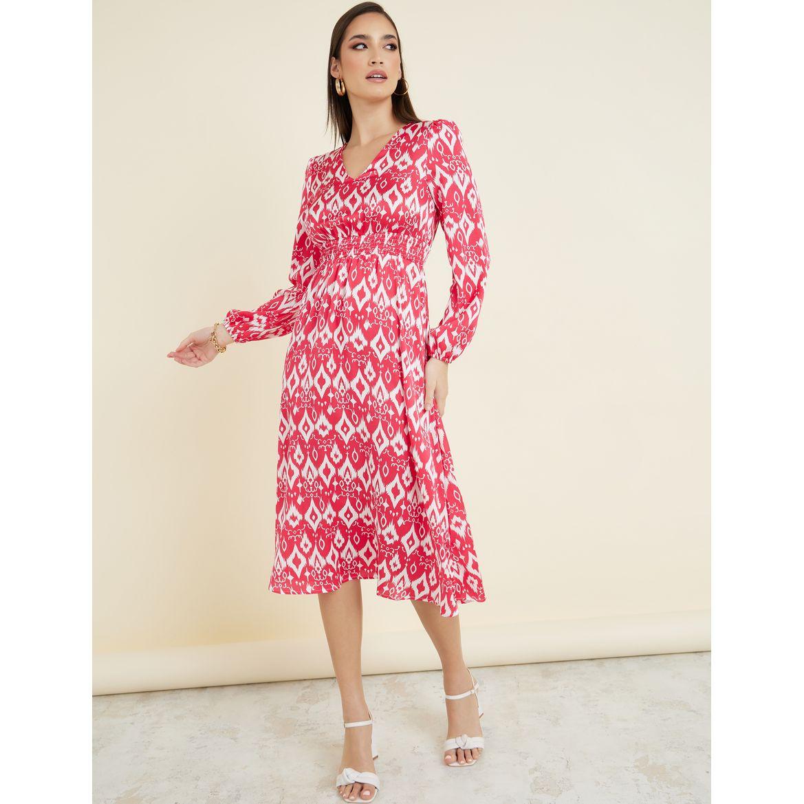 Styli Ikat Print A-Line Midi Dress with Smocked Waist-women-clothing-dresses-image-1