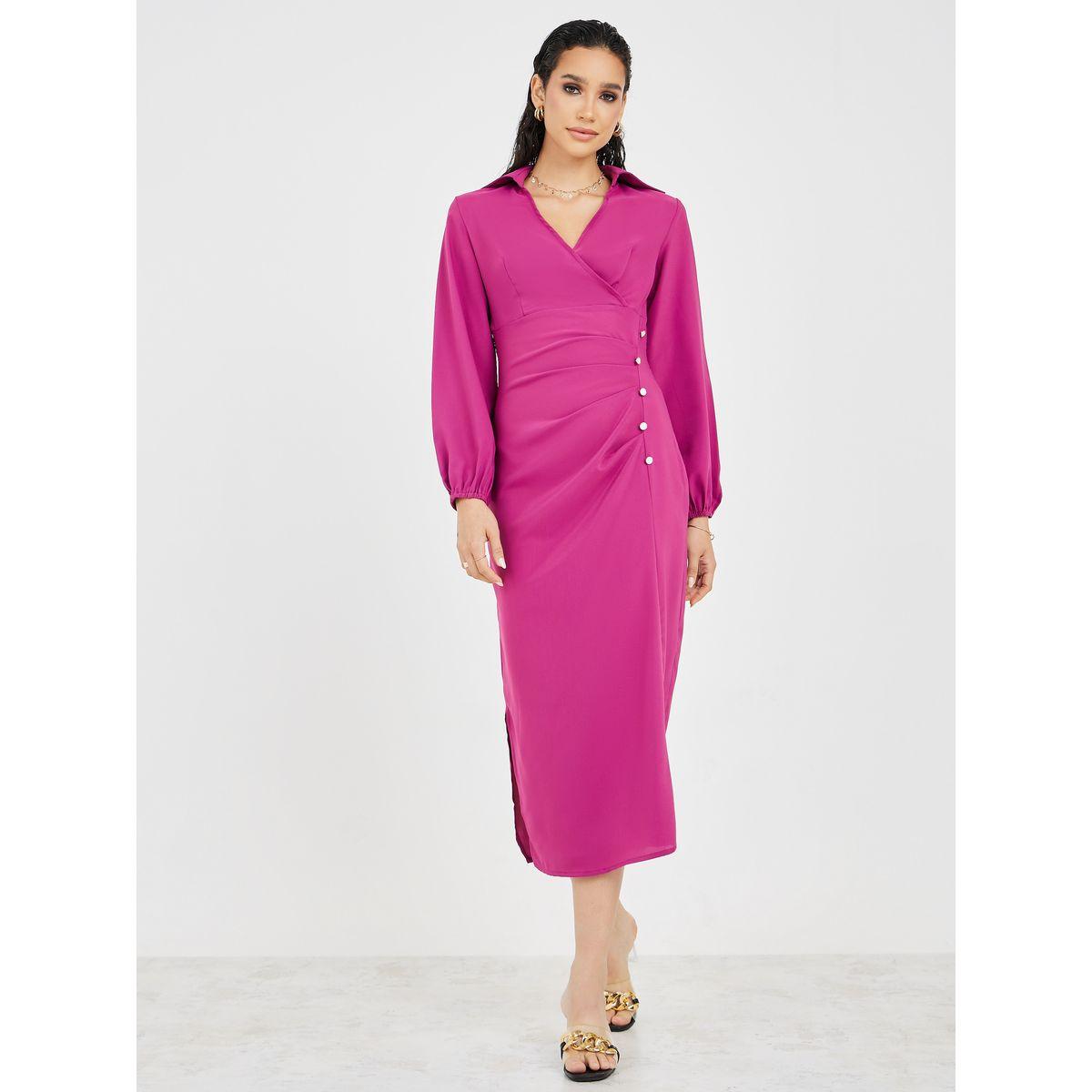 Styli Side Button Detail Wrap Front Sheath Dress-women-clothing-dresses-image-1