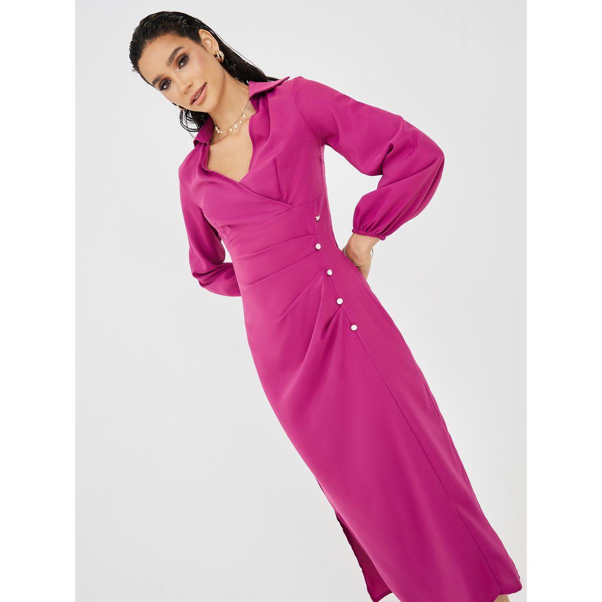 Styli Side Button Detail Wrap Front Sheath Dress-women-clothing-dresses-image-2