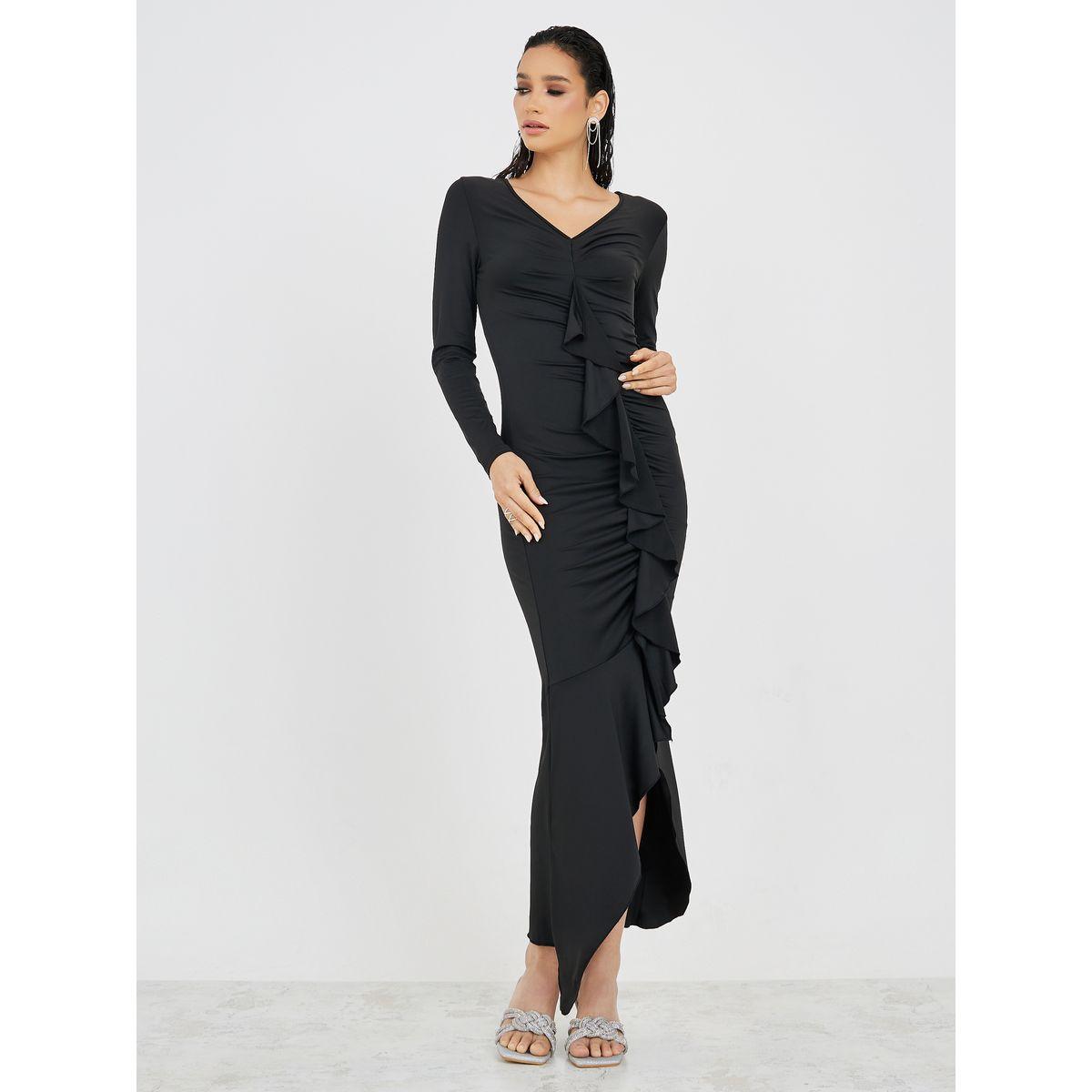 Styli Frill Detail Gathered Front Bodycon Maxi Dress-women-clothing-dresses-image-1