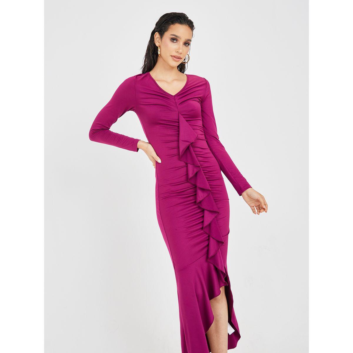 Styli Frill Detail Gathered Front Bodycon Maxi Dress-women-clothing-dresses-image-2
