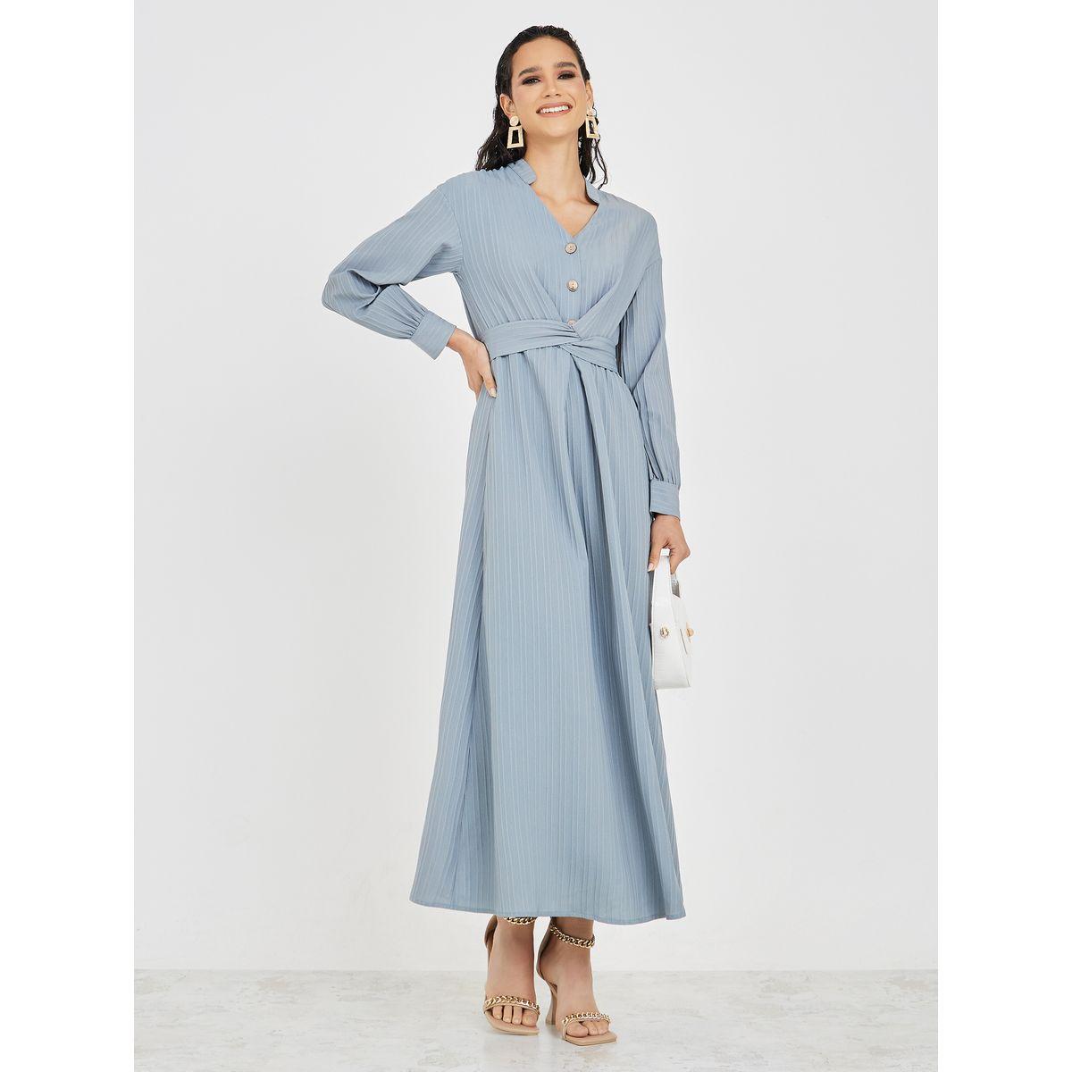 Styli Textured Wrap Tie Belt A-Line Maxi Dress-women-clothing-dresses-image-1