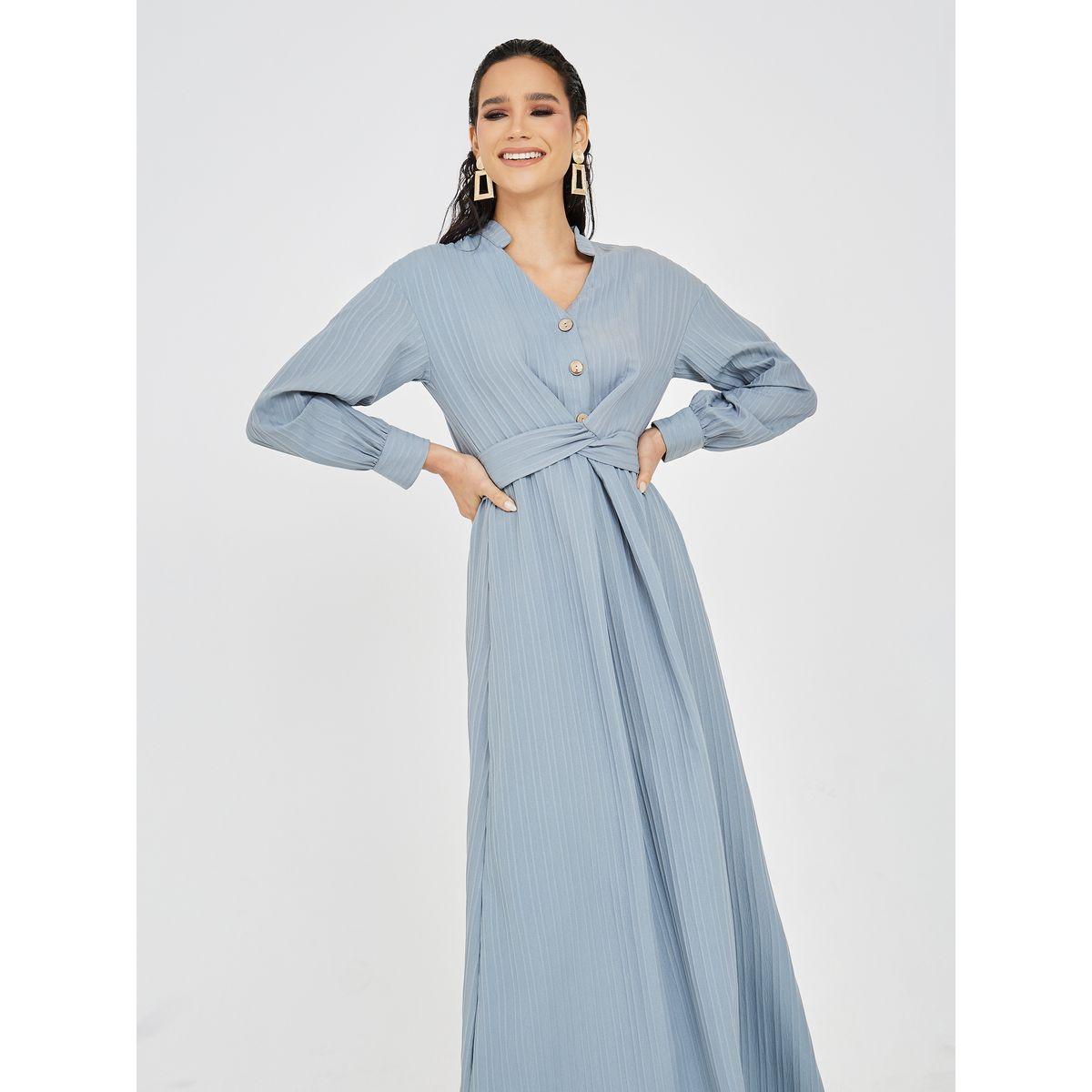Styli Textured Wrap Tie Belt A-Line Maxi Dress-women-clothing-dresses-image-2