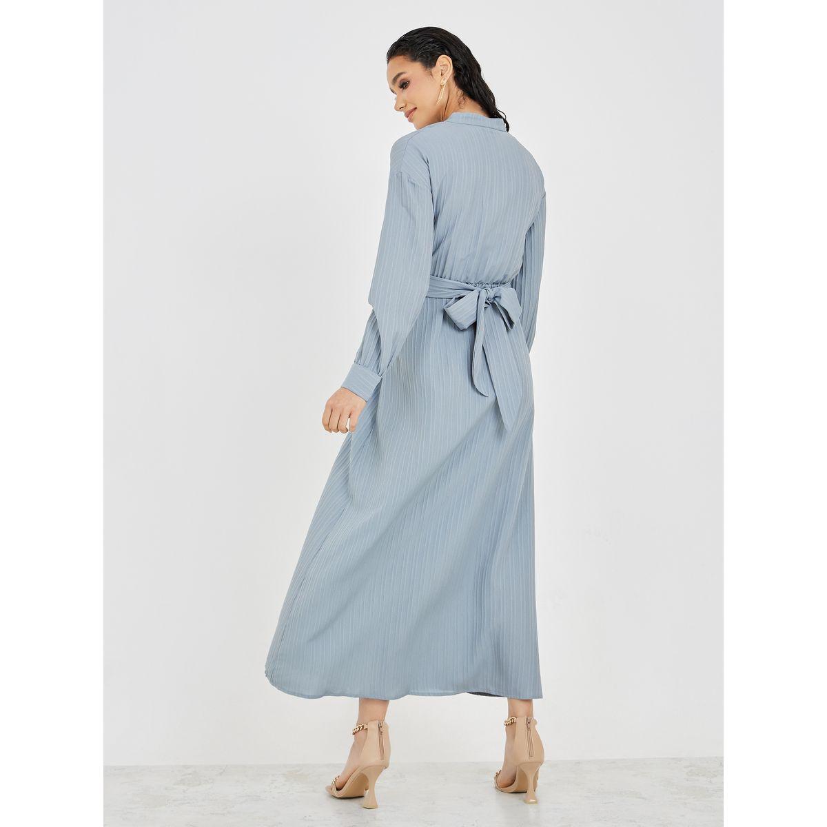 Styli Textured Wrap Tie Belt A-Line Maxi Dress-women-clothing-dresses-image-4