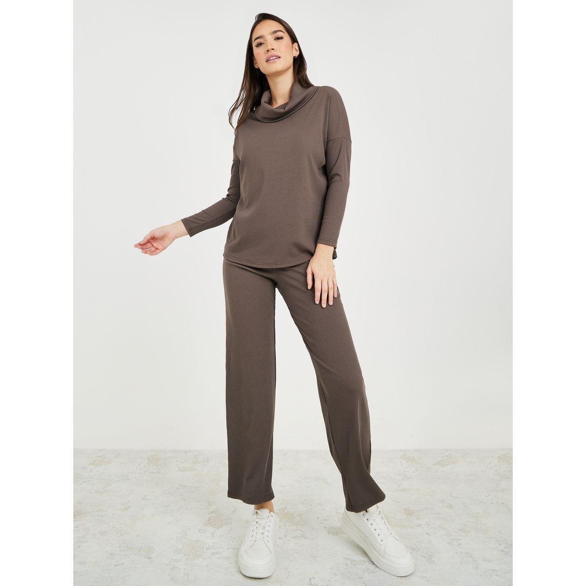 Styli Unwind Cowl Neck Ribbed Top & Straight Leg Pants Lounge Set-women-clothing-coordsets-image-1