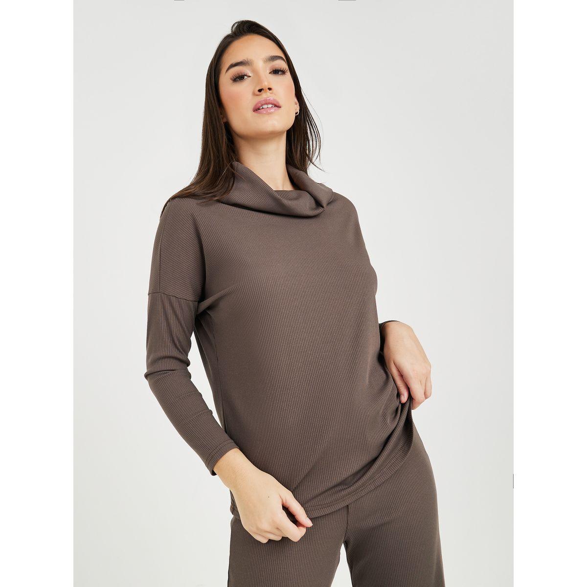 Styli Unwind Cowl Neck Ribbed Top & Straight Leg Pants Lounge Set-women-clothing-coordsets-image-2