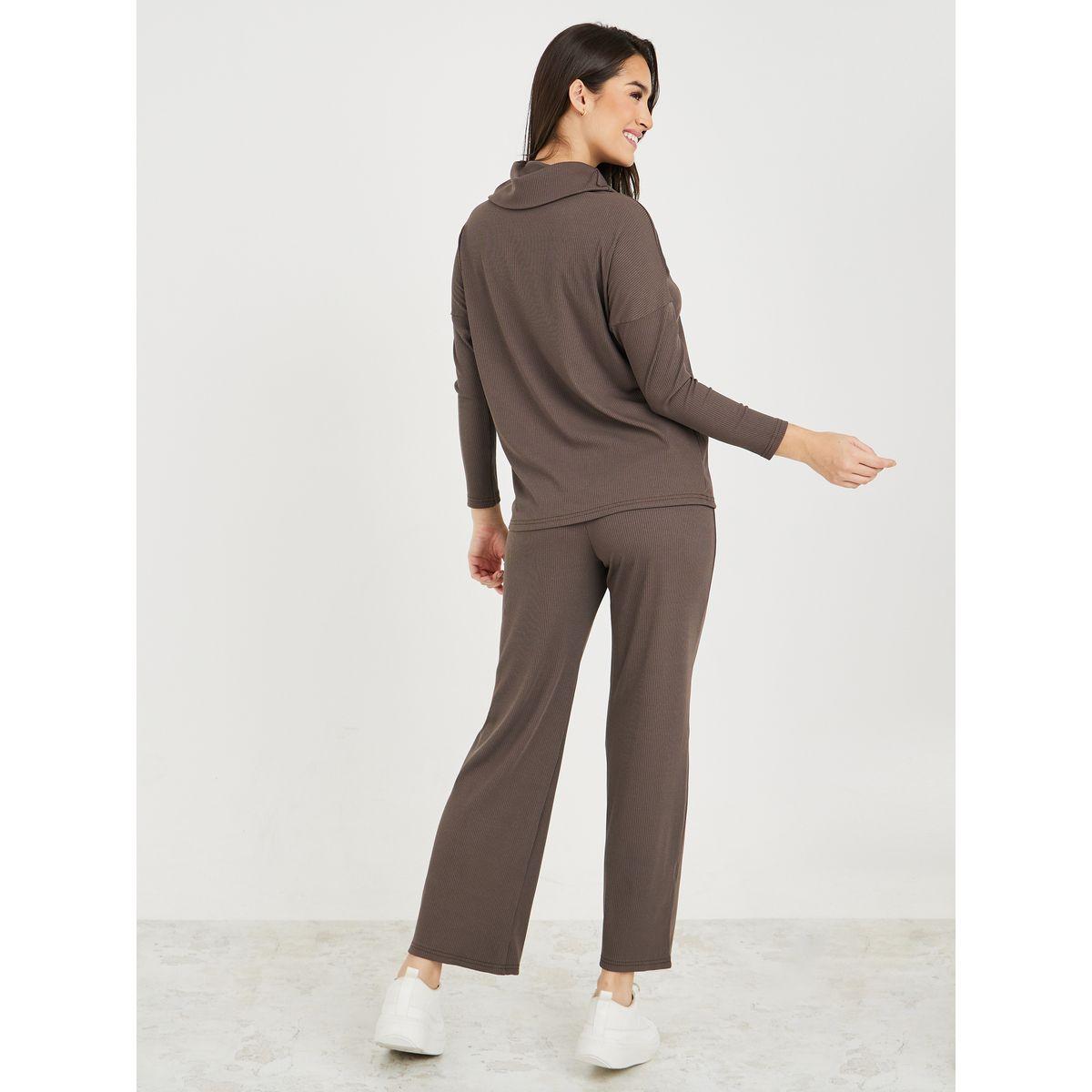 Styli Unwind Cowl Neck Ribbed Top & Straight Leg Pants Lounge Set-women-clothing-coordsets-image-5