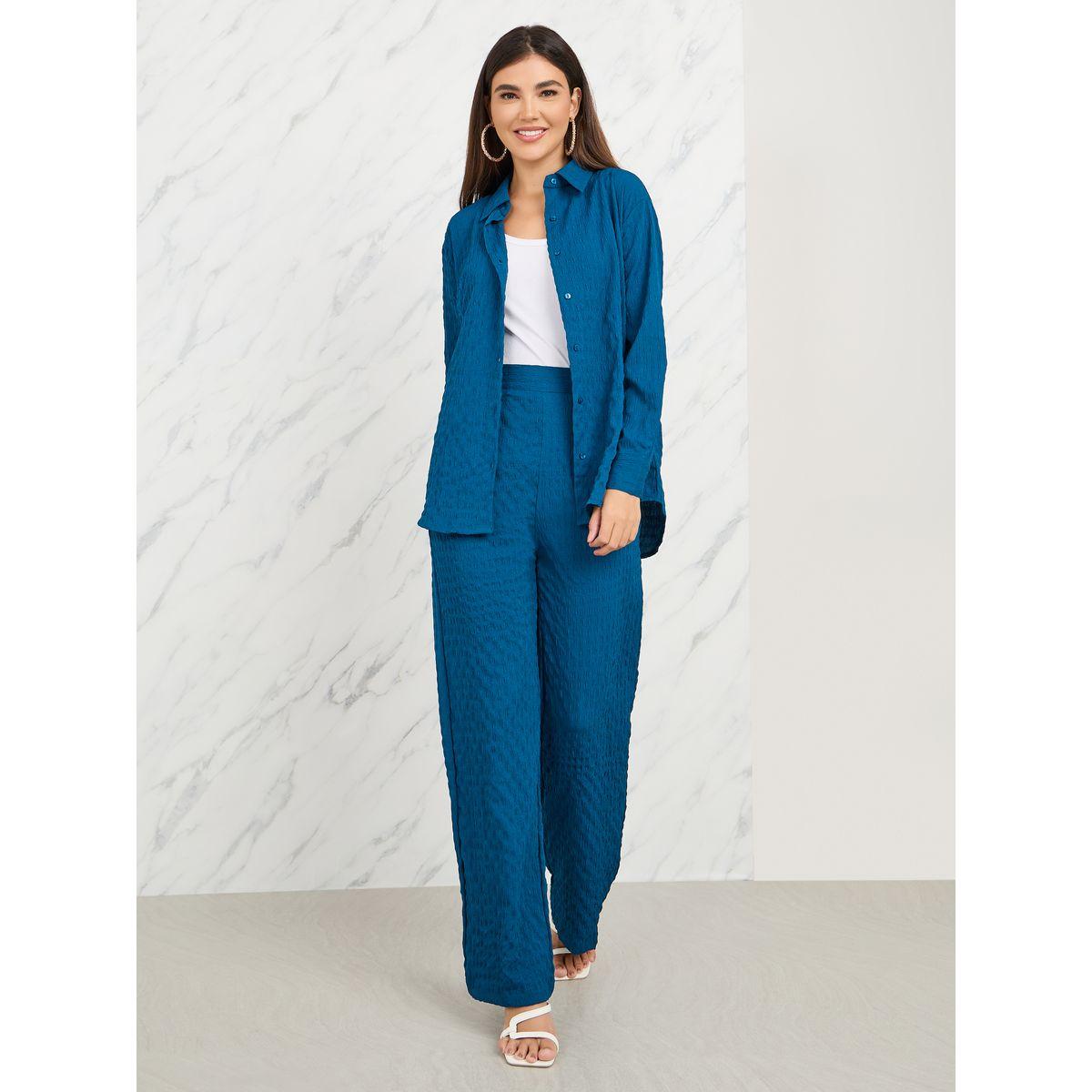Styli Elevate Oversized Textured Button Front Shirt & Pants Co-Ord-women-clothing-coordsets-image-1