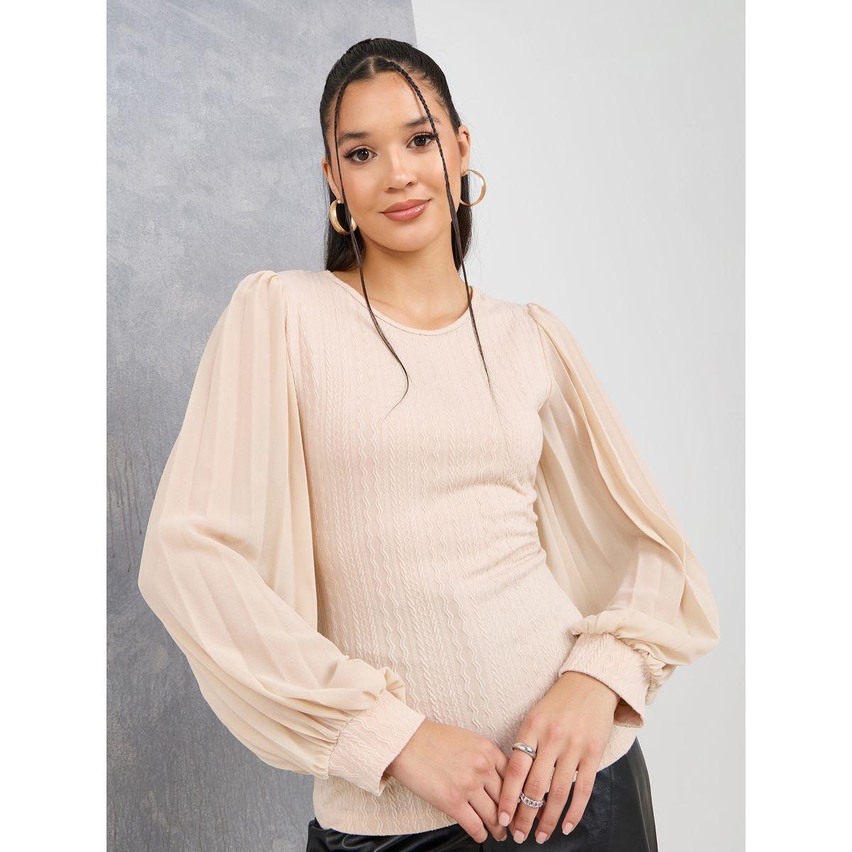 Styli Textured Pleated Sleeve Round Neck Top-women-clothing-shirtsandblouses-blouses-image-3