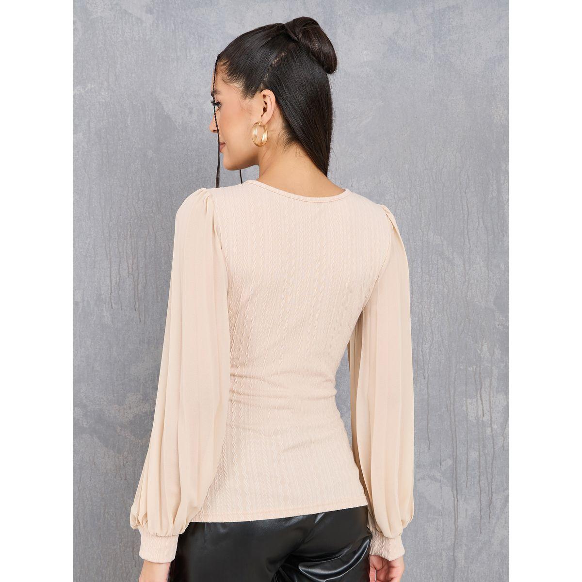 Styli Textured Pleated Sleeve Round Neck Top-women-clothing-shirtsandblouses-blouses-image-5
