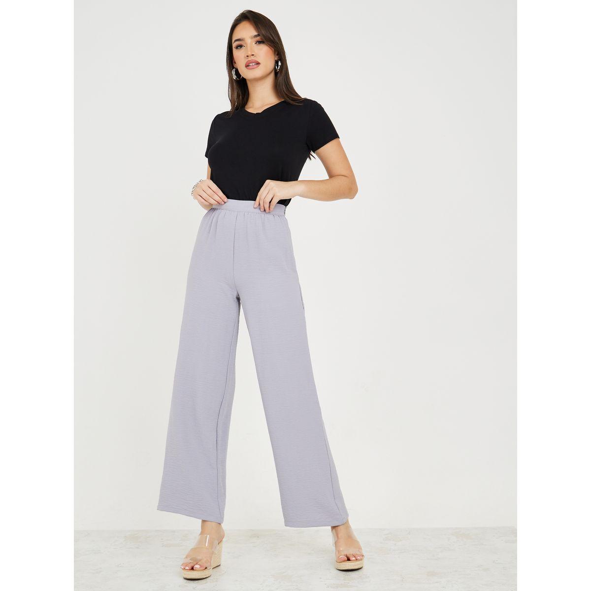 Styli Straight Leg Textured Pants with Elastic Waistband-women-clothing-bottoms-trousers-image-1